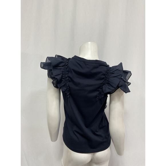 Veronica Beard Denim Jean Blue Cotton Bardot Ruffle Tee Size XS - Picture 3 of 5